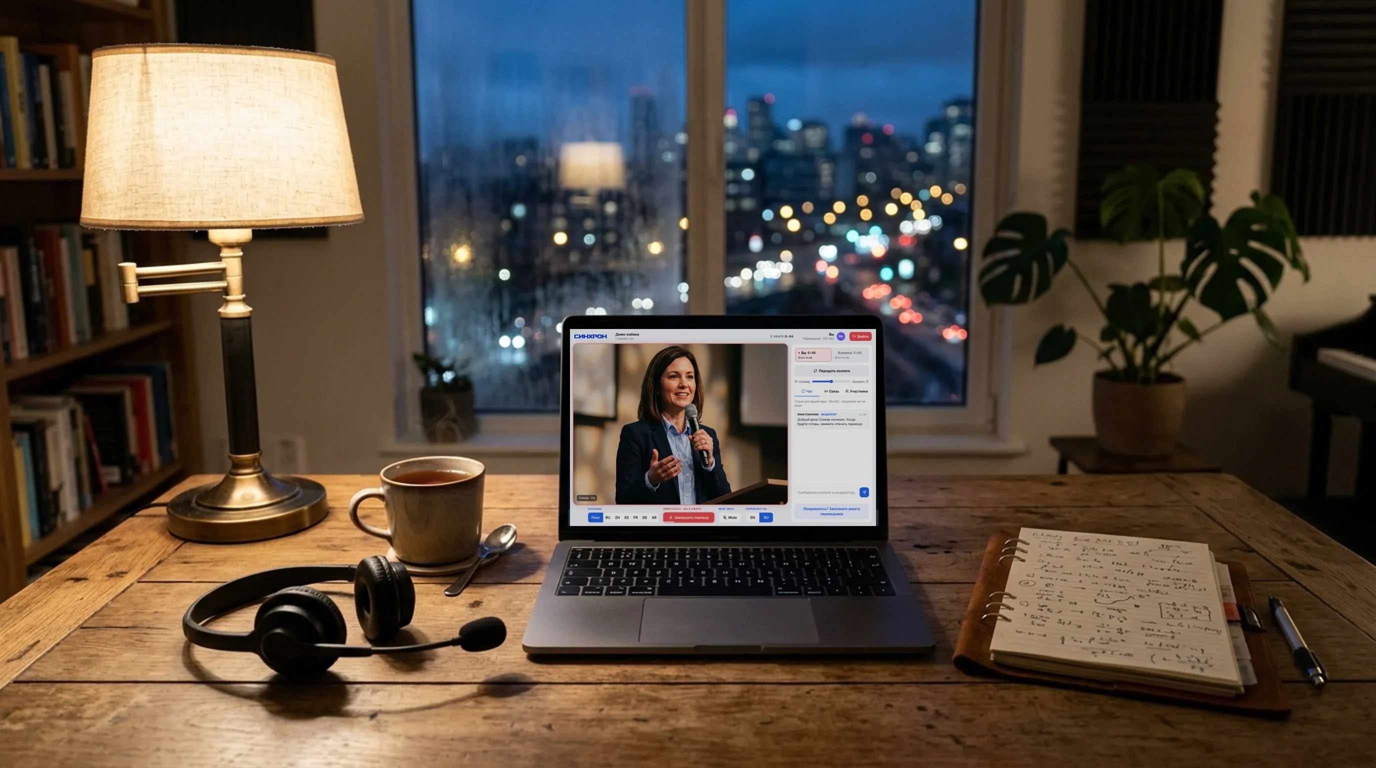 An interpreter's home workplace: a laptop with the SINHRON booth on air, a headset and a cup of tea